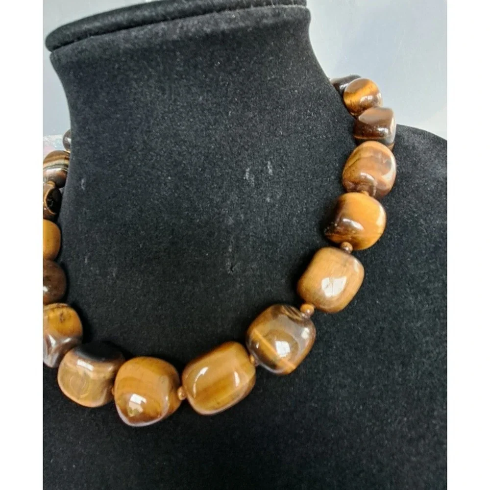 Fashion Jewelry Gemstone Tiger's Eye Beaded Necklace Sterling Silver Clasp